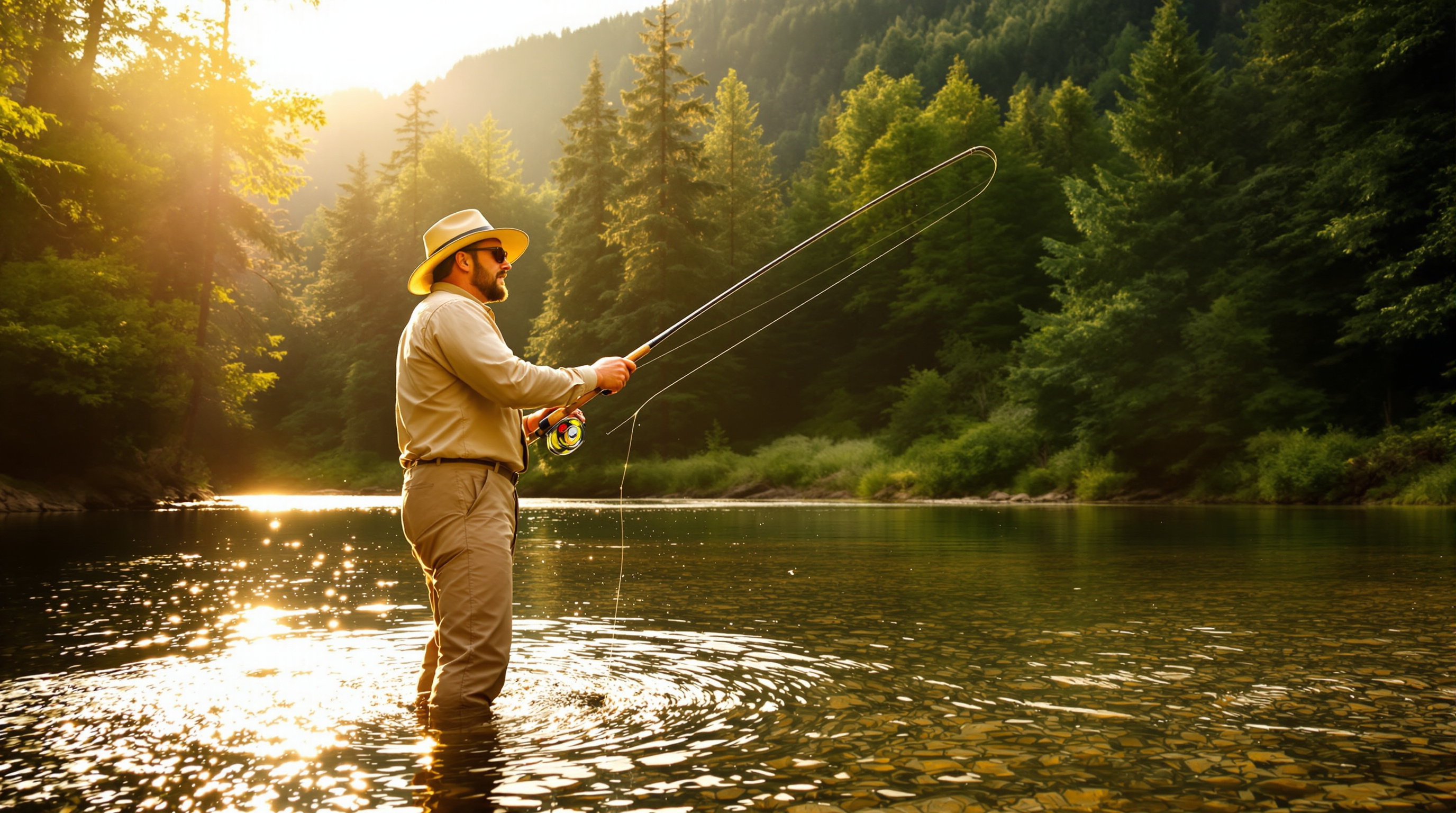 Angler casting a fly rod on a mountain stream at golden hour